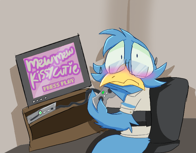 anthro beak blue_body blue_feathers blush caught_in_the_act chair clothed clothing console controller electronics embarrassed eyewear feathers frown furniture game_controller gaming glasses holding_controller holding_object looking_at_viewer male partially_clothed playing_video_game shirt sitting solo television topwear wide_eyed yellow_beak anonymous_artist deltarune mew_mew_kissy_cutie microsoft undertale_(series) xbox xbox_game_studios berdly avian bird