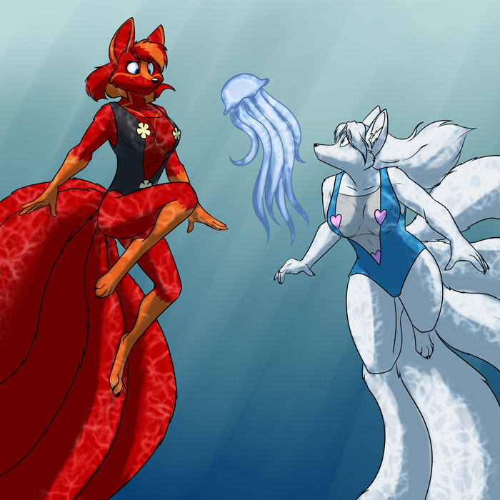 anthro black_nose breasts clothed clothing duo female fur gloves_(marking) hair leg_markings markings one-piece_swimsuit red_body red_fur socks_(marking) swimwear underwater water white_body white_fur white_hair foxenawolf krinele_fullin molly_fullin canid canine cnidarian dreamspinner fox jellyfish mammal marine medusozoan 1:1