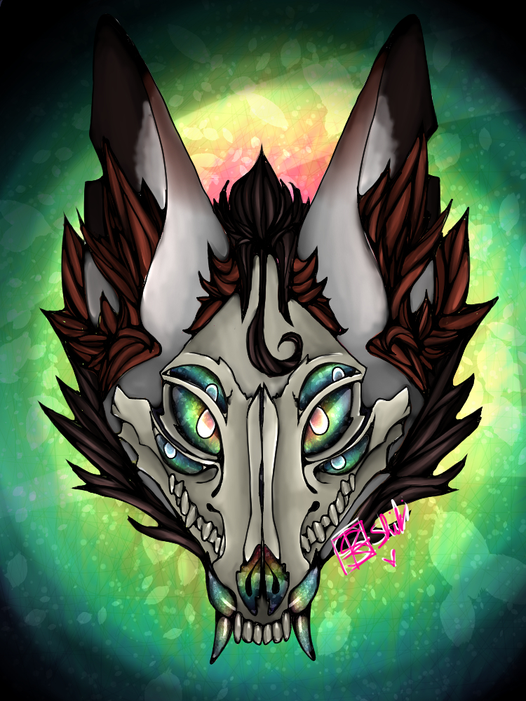 6_eyes ambiguous_gender bone brown_body brown_fur fangs feral fur glowing glowing_eyes mask multi_eye pattern_background simple_background skull skull_head skull_mask solo teeth nelly's_illustrations canid canine canis demon mammal skulldog_(species) spirit wolf 3:4