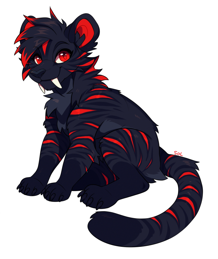 black_body black_fur black_hair black_nose female feral fur grey_body grey_fur hair red_body red_eyes red_fur sitting solo ailuranthropy serenity_(arctic) felid mammal prehistoric_species saber-toothed_tiger 2020 alpha_channel digital_media_(artwork)