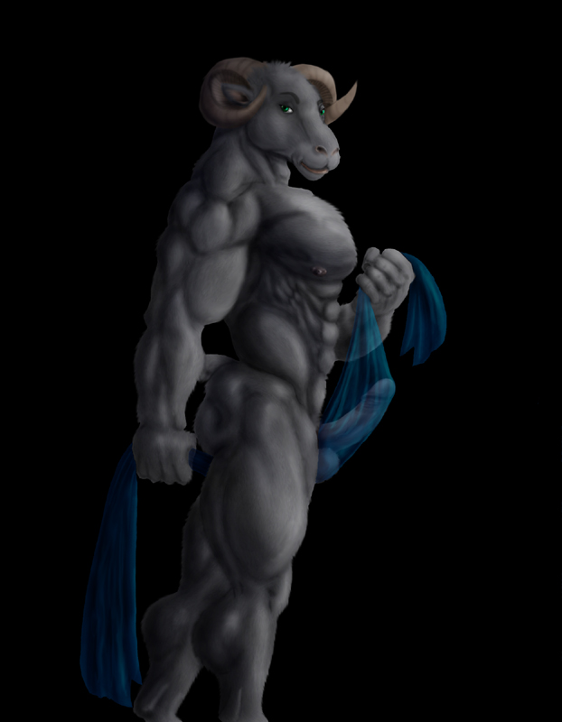 abs anthro athletic balls biceps big_muscles biped black_background circumcised circumcision_scar cloth erection fur genital_scar genitals green_eyes grey_body grey_fur grin horn humanoid_genitalia humanoid_penis looking_at_viewer male muscular muscular_anthro muscular_male nipples nude pecs penis pose presenting scar simple_background smile solo standing vein sudonym bovid caprine mammal