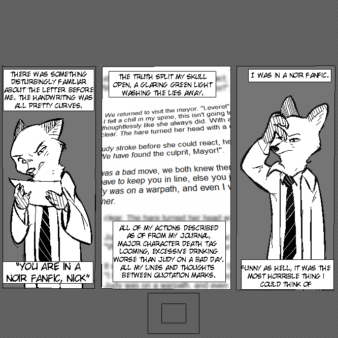 anthro clothed clothing fur half-closed_eyes male meta narrowed_eyes noir parody solo text replytoanons disney zootopia max_payne nick_wilde canid canine fox mammal red_fox true_fox 1:1 2016 black_and_white comic english_text monochrome