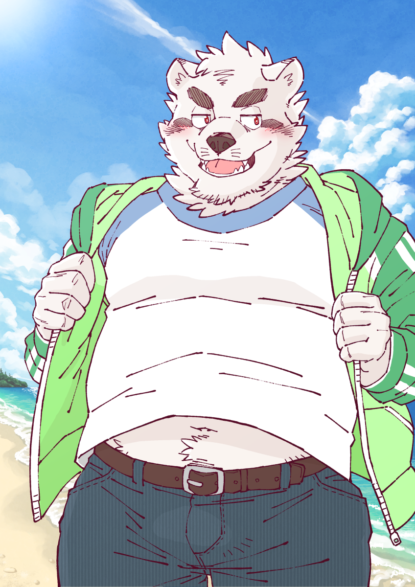 anthro beach belly blush bottomwear clothing humanoid_hands kemono male outside overweight overweight_anthro overweight_male pants seaside shirt solo topwear water ryuta-h bear mammal 2018 hi_res