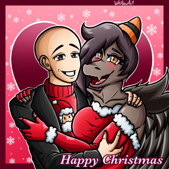 amber_eyes anthro armwear bald blush bone_frill brown_hair christmas_clothing christmas_sweater christmas_topwear clothing crossgender dress duo elbow_gloves eyelashes feathered_wings feathers female female_anthro female_on_human fingerless_gloves frill_(anatomy) fur_trim_(clothing) gloves grey_body grey_eyes grey_feathers grey_scales hair hand_on_arm hand_on_shoulder handwear heart_symbol holiday_message holidays hug human_on_anthro interspecies light_body light_skin looking_at_viewer male male/female male_on_anthro mtf_crossgender open_mouth open_smile scales shirt simple_background smile snout strapless_clothing strapless_dress sweater teeth text tongue topwear wings whinouart cavemanon_studios christmas goodbye_volcano_high snoot_game anon_(snoot_game) naser_(gvh) nasera santa_claus human mammal prehistoric_species pterodactylus pterosaur reptile scalie 1:1 colored english_text