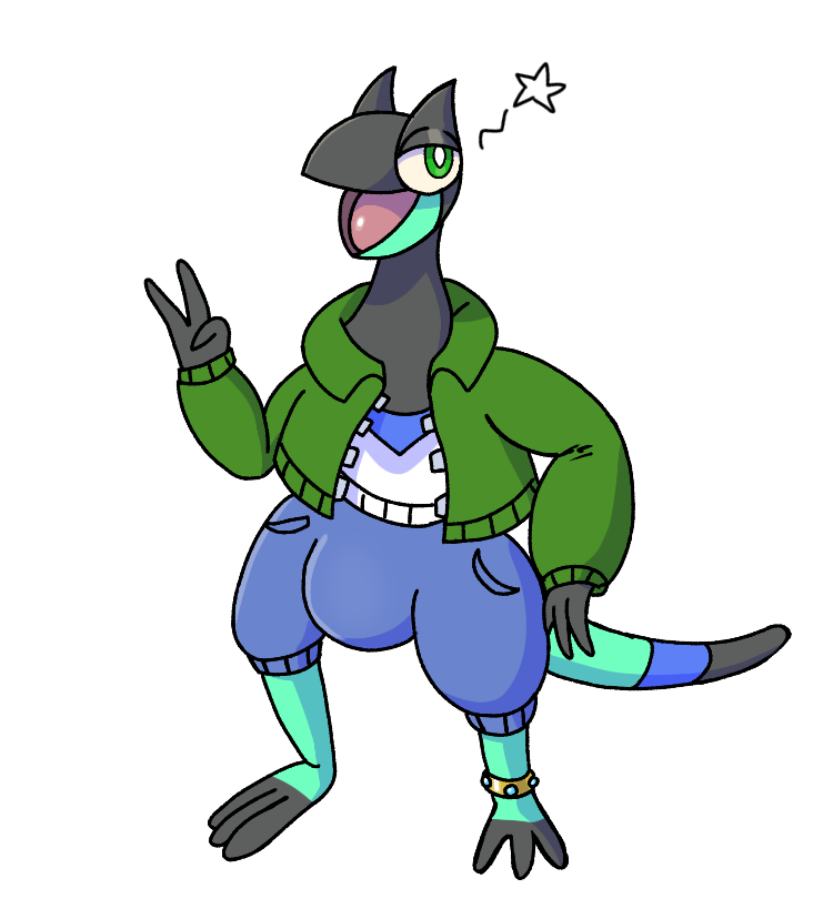 anthro big_bulge blue_bottomwear blue_clothing blue_pants bottomwear bulge clothing dipstick_tail gesture green_clothing green_eyes green_jacket green_topwear grey_tail_tip grey_toes hand_gesture jacket jewelry legband male markings multicolored_body open_mouth pants pockets shirt simple_background solo tail tail_markings tight_bottomwear tight_clothing tight_pants topwear v_sign white_background white_clothing white_shirt white_topwear zipper decentfailure2319 nintendo pokemon dehf_(decentfailure2319) generation_6_pokemon heliolisk pokemon_(species) 2023 cel_shading shaded