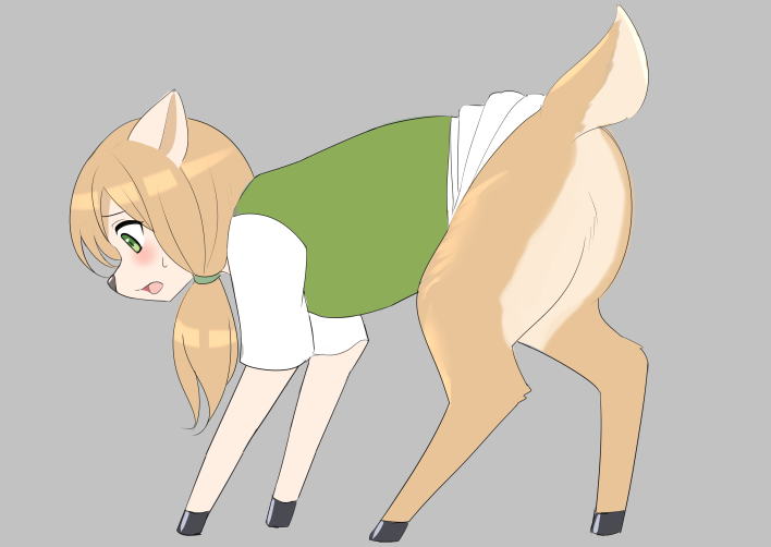 after_transformation black_nose blonde_hair blush bodily_fluids butt clothing female green_eyes grey_background hair hooves open_mouth ponytail simple_background solo species_transformation sweat sweatdrop transformation roina deer mammal 2020