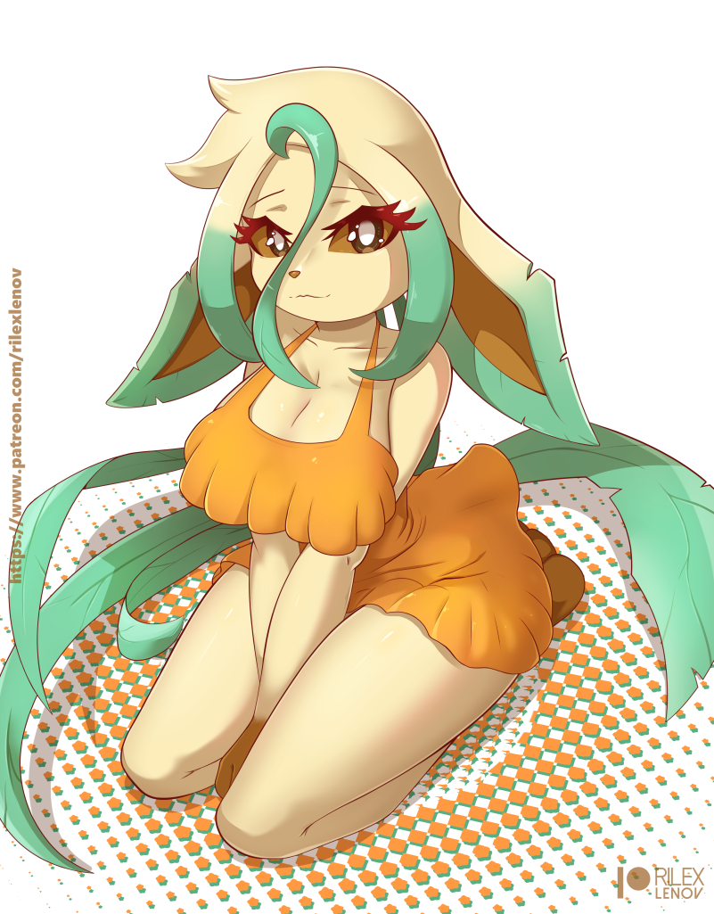 anthro anthrofied breasts cleavage clothed clothing dipstick_ears ear_markings female fully_clothed kneeling looking_at_viewer multicolored_ears orange_sclera pokemorph simple_background solo rilex_lenov nintendo pokemon laurel_(rilex_lenov) eeveelution generation_4_pokemon leafeon pokemon_(species)