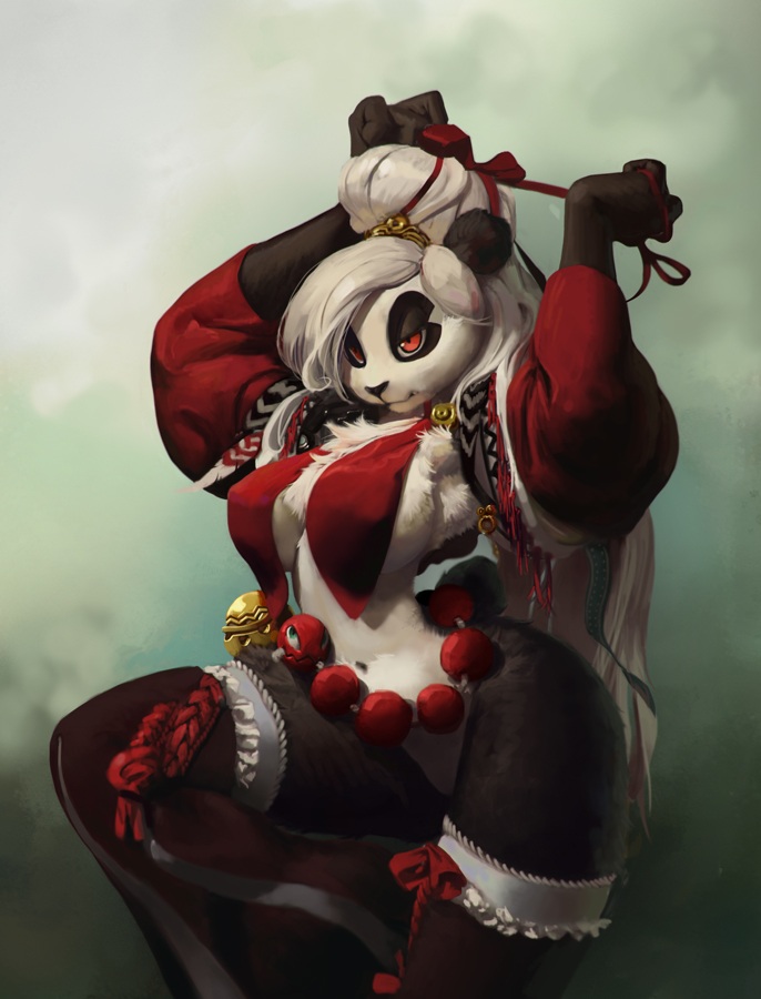 accessory anthro arms_above_head big_breasts breasts clothed clothing female garter hair hair_accessory legwear long_hair red_eyes skimpy smile solo stockings white_hair wide_hips veramundis nomnom_(character) shalinka_(character) bear giant_panda mammal digital_media_(artwork) digital_painting_(artwork)