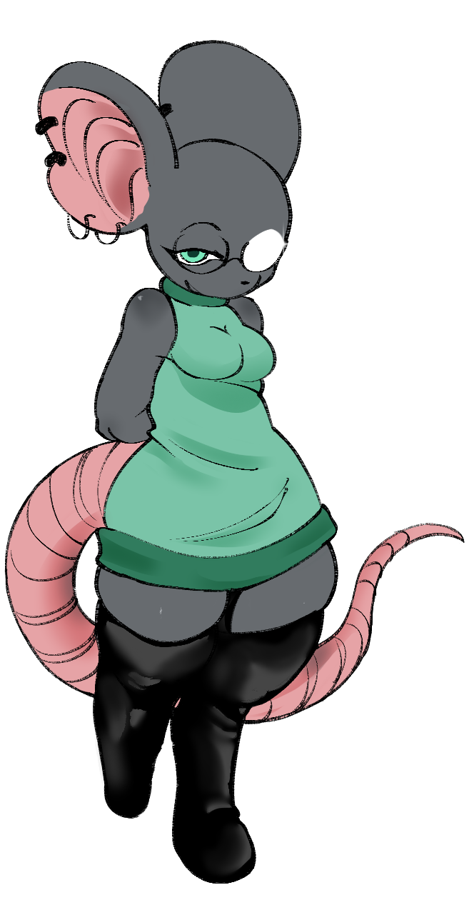 anthro bald big_ears breasts clothed clothing ear_piercing eyelashes eyewear female glasses green_clothing green_eyes grey_body hands_behind_back hind_legs legwear mouse_tail piercing solo stockings text thick_thighs vasdocor_09 consuelo mammal mouse murid murine rodent alpha_channel artist_name digital_media_(artwork) english_text hi_res shaded signature simple_shading