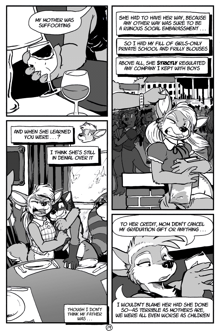 anthro bottomless casual_exposure clothed clothing dialogue female speech_bubble text rick_griffin ah_club adrian_gray hildegard_rothschild ailurid canid canine canis kangaroo macropod mammal marsupial red_panda wolf 2014 comic digital_media_(artwork) english_text monochrome