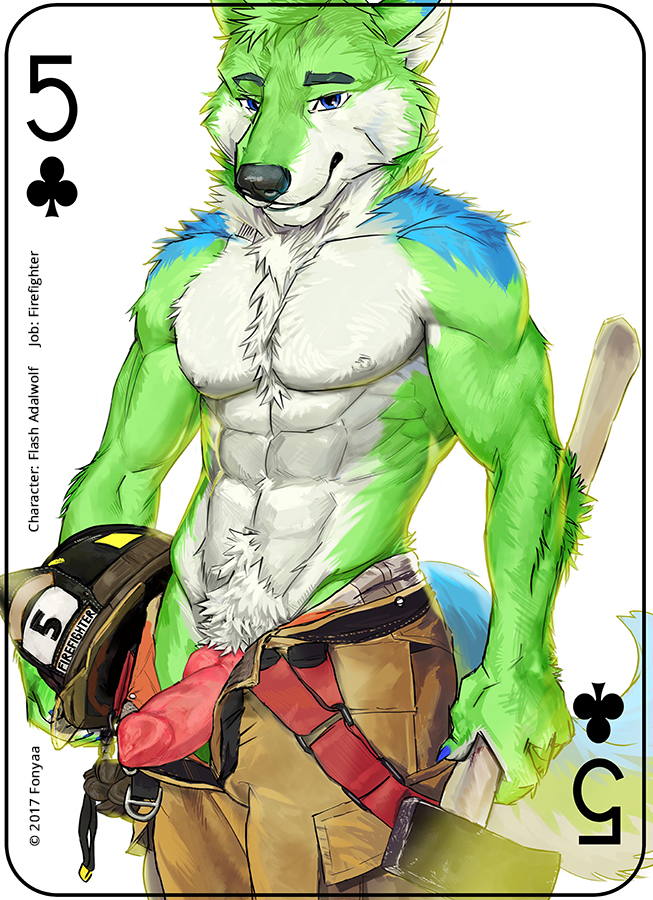 abs animal_genitalia animal_penis anthro armor axe biceps canine_genitalia canine_penis card card_template clothed clothing clubs_(suit) copyright_symbol erection firefighter five_of_clubs fur genitals headgear helmet holding_object knot male melee_weapon muscular muscular_anthro muscular_male pecs penis playing_card playing_card_template simple_background smile solo standing suit_symbol symbol topless turnout_gear uniform weapon white_body white_fur fonyaa canid canine canis mammal wolf 2017 digital_media_(artwork)