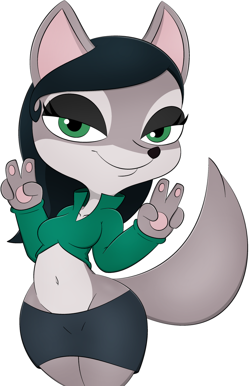 anthro black_hair black_miniskirt clothing female fur green_clothing green_eyes green_topwear grey_body grey_fur hair solo topwear zinzoa pinky_and_perky barbara_hannah canid canine fox mammal alpha_channel hi_res