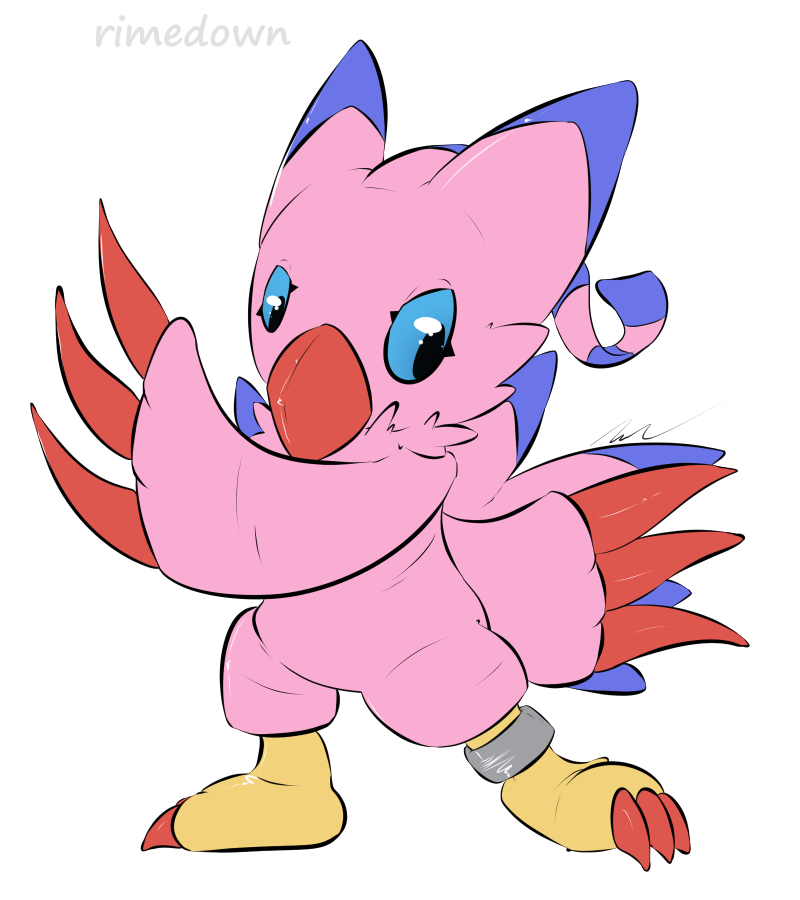 ambiguous_gender beak blue_eyes blue_markings blue_sclera claws feather_tuft feathers markings pink_body pink_feathers red_claws ring ring_on_leg simple_background solo toe_claws tuft white_background rimedown bandai_namco digimon avian biyomon digimon_(species)