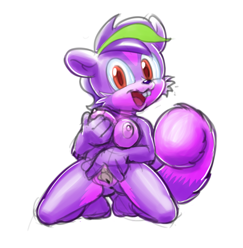 anthro big_nipples black_nose breasts buckteeth cheek_tuft facial_tuft female fluffy fluffy_tail front_view fur genitals green_hair hair kneeling looking_at_viewer medium_breasts nipples pink_nipples pink_pussy presenting presenting_pussy pupils purple_body purple_fur purple_hair pussy red_eyes red_pupils simple_background smile solo spread_pussy spreading tail teeth tuft white_background rockthebull ryka_(ultilix) mammal rodent sciurid tree_squirrel 2021 colored_sketch sketch