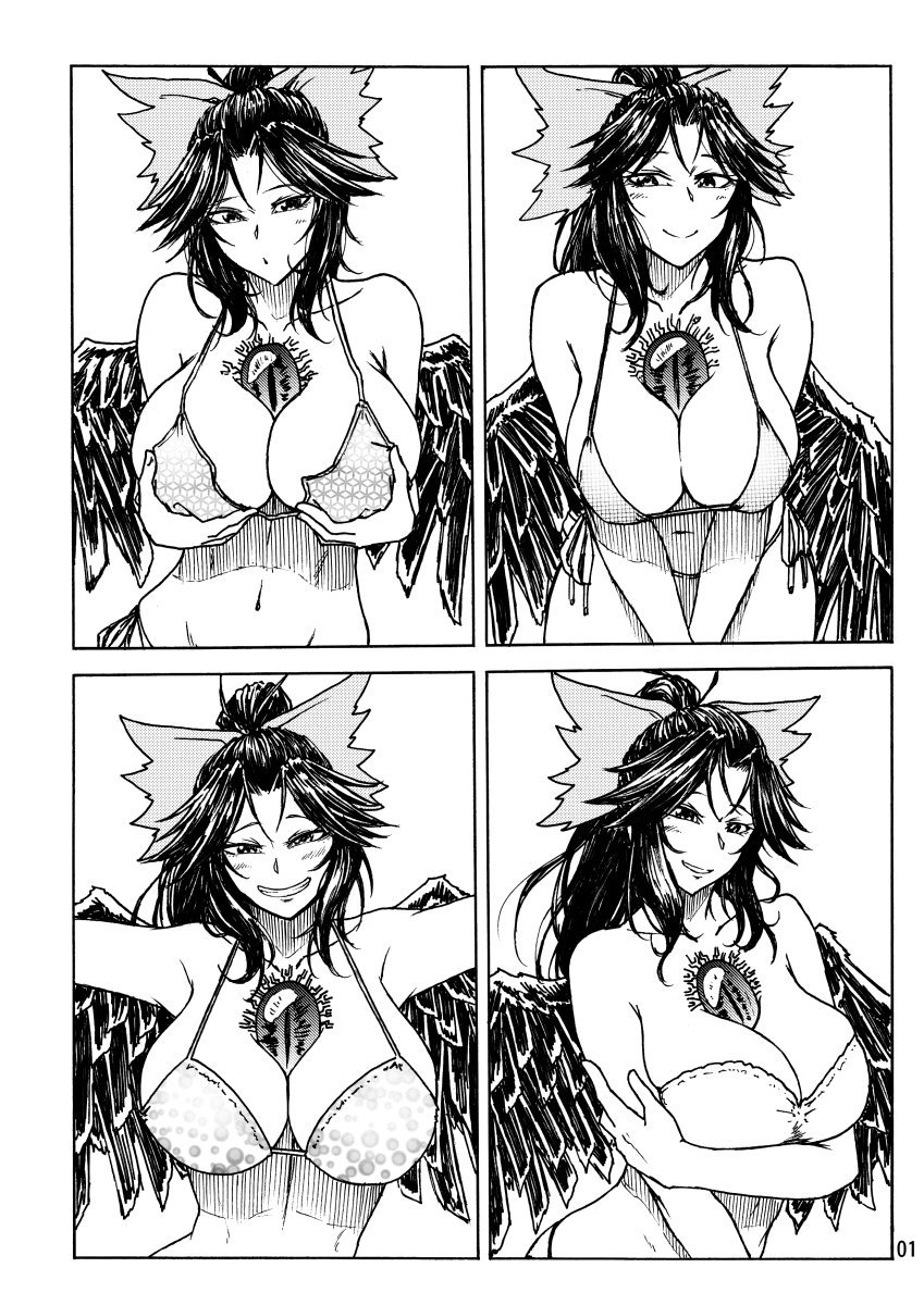 accessory arm_under_breasts big_breasts bikini black_body black_eyes black_feathers black_hair black_wings blush blush_lines bow_ribbon breasts chest_eye cleavage clothed clothing eyelashes feathers female front_view hair hair_accessory hair_bow hair_ribbon holding_breast huge_breasts looking_at_viewer navel ponytail ribbons smile solo swimwear two-piece_swimsuit wings mkybm asian_mythology east_asian_mythology mythology touhou utsuho_reiuji animal_humanoid avian avian_humanoid bird bird_humanoid corvid corvid_humanoid corvus_(genus) corvus_humanoid crow_humanoid humanoid mythological_avian mythological_bird mythological_creature oscine passerine three-legged_crow winged_humanoid hi_res monochrome