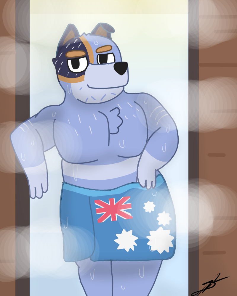 anthro background_smoke blue_body blue_fur body_hair chest_hair chest_tuft flag flag_print fur lying male manly mature_male multicolored_body multicolored_fur on_side slightly_chubby smile smiling_at_viewer solo steam towel towel_only tuft wet wet_body d13w0tt_(artist) bluey_(series) stripe_heeler australian_cattle_dog canid canine canis cattledog domestic_dog herding_dog mammal pastoral_dog 4:5