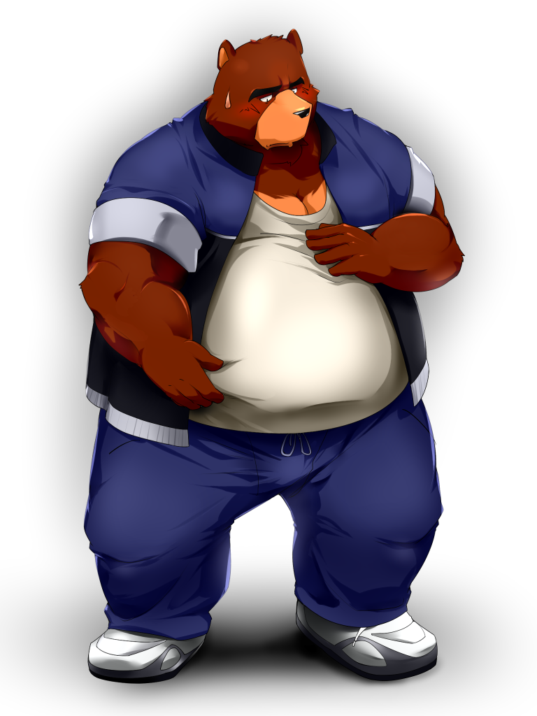 anthro belly belly_pinch blush bodily_fluids brown_body brown_fur clothed clothing embarrassed fur hand_on_belly male overweight overweight_anthro overweight_male simple_background solo standing sweat sweatdrop white_background alternate_text_(artist) daitai_tekisuto morenatsu juuichi_mikazuki bear brown_bear mammal ursine 2013 3:4