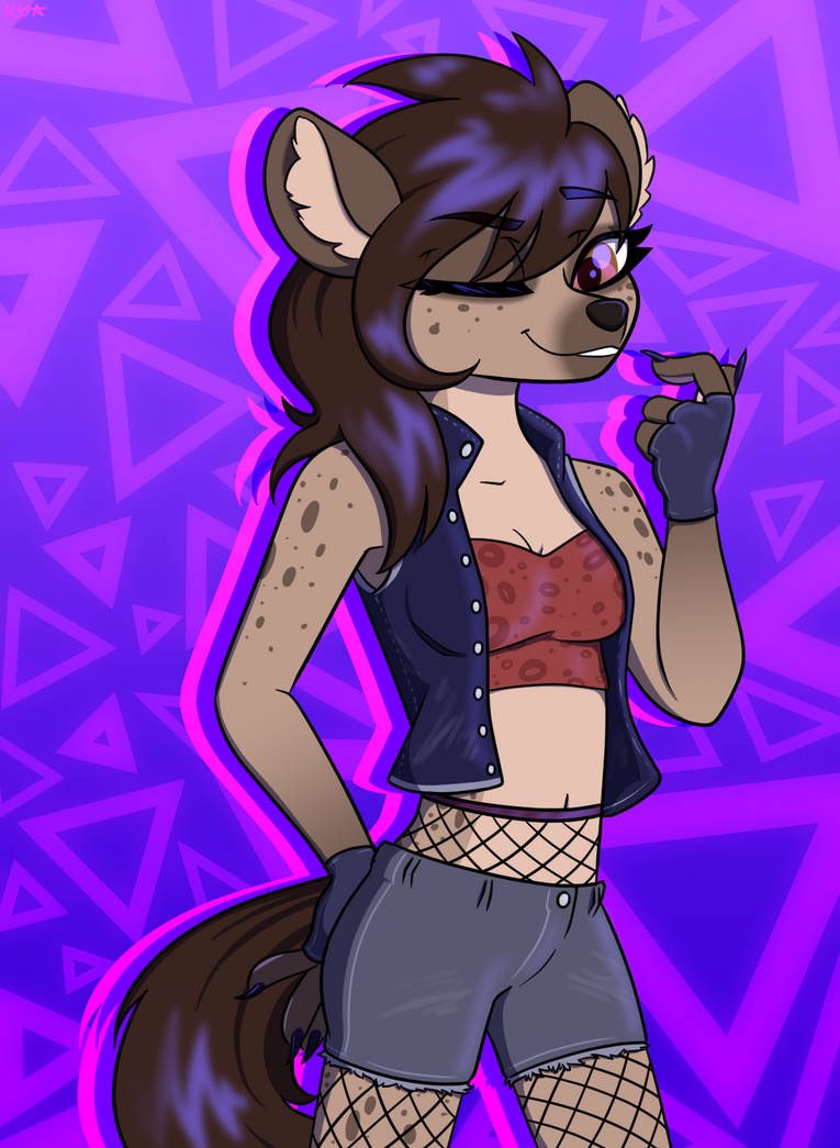 anthro bottomwear brown_hair clothing female fishnet_clothing gloves hair handwear jacket markings shorts solo spots spotted_body topwear triangle_(shape) koapony helena_(bonk6) hyena mammal digital_media_(artwork)