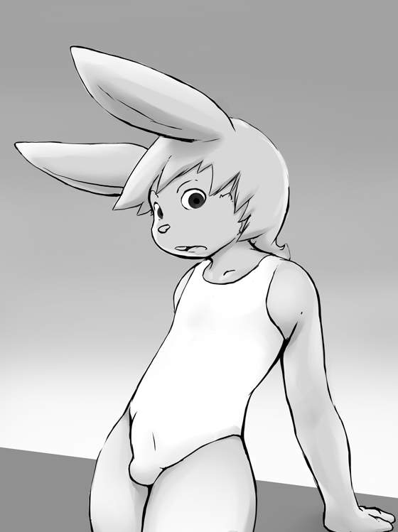 anthro bulge clothed clothing crossdressing detailed_bulge femboy genital_outline male one-piece_swimsuit penis_outline solo swimwear mek lagomorph leporid mammal rabbit monochrome