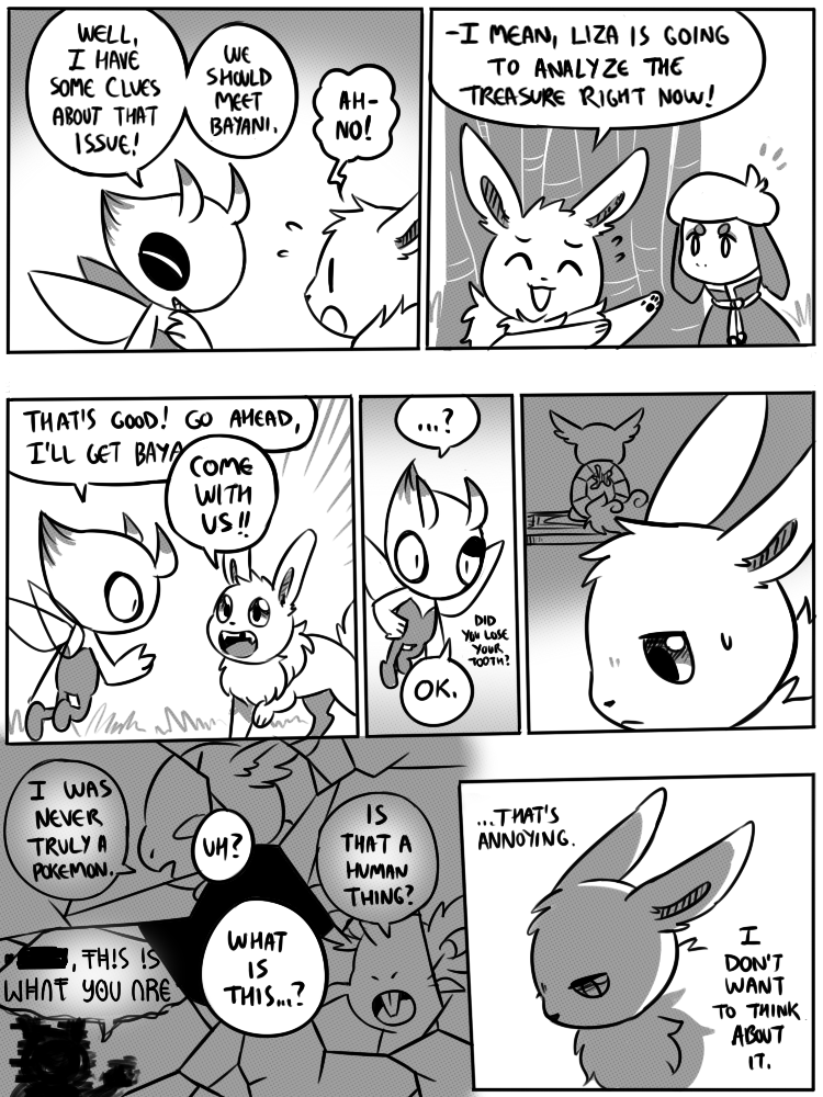 7_panel_comic ambiguous_gender antennae_(anatomy) anterior_nasal_aperture anthro black_eyes black_nose black_text bodily_fluids cheek_spots cloak clothing dialogue ellipsis exclamation_point eyebrows eyes_closed feral floating floppy_ears fluffy fluffy_tail fur grass group inner_monologue looking_at_another neck_tuft open_mouth open_smile outside pawpads paws plant pseudo_hat pupils quadruped question_mark questioning_ellipsis sitting smile speech_bubble sweat sweatdrop tail talking_to_another teeth text thinking tongue tree tuft white_pupils white_sclera wings flavia-elric nintendo pokemon pokemon_mystery_dungeon spike_chunsoft bayani_(yapc) celebi_(yapc) liza_(yapc) lux_(yapc) rayne_(yapc) celebi eevee generation_1_pokemon generation_2_pokemon legendary_pokemon nidoran nidoran♀ pokemon_(species) smeargle wartortle 2019 3:4 black_and_white comic digital_media_(artwork) english_text monochrome