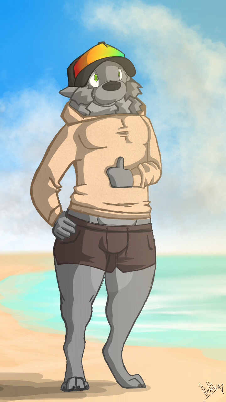 anthro beach bulge clothing detailed_background gesture green_eyes hand_gesture hand_on_hip hat headgear headwear male outside sand sea seaside sky smile solo sweater thumbs_up topwear water hehky hehky_(character) canid canine canis mammal wolf 9:16 digital_media_(artwork) hi_res