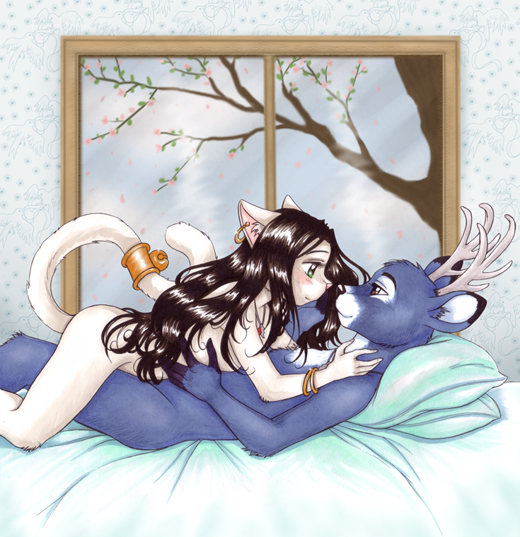 anthro antlers bed bell blue_body blue_fur blush brown_eyes brown_hair cuddling duo eye_contact female fur furniture green_eyes hair horn inside looking_at_another male male/female on_bed pillow plant romantic romantic_ambiance romantic_couple tail tree window wood fio deer domestic_cat felid feline felis mammal