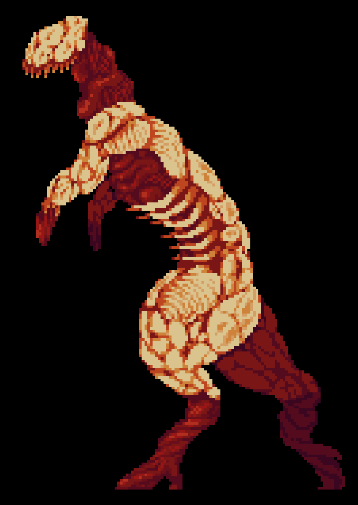 ambiguous_gender anthro black_background digitigrade gore red_body rib_cage side_view simple_background solo tan_body teeth walking dyyrlysh monster 2021 aseprite_(artwork) digital_media_(artwork) full-length_portrait pixel_(artwork) portrait shaded