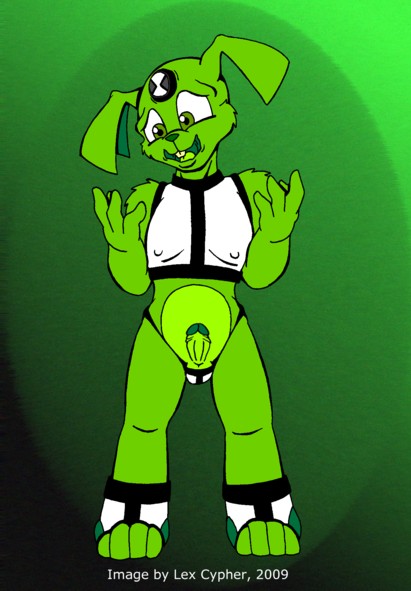 after_transformation anthro balls biped bottomless clothed clothing erection foreskin fur g-string genitals green_background green_body green_fur humanoid_genitalia humanoid_penis male nipple_outline penis retracted_foreskin simple_background skimpy solo standing surprise underwear lex_cypher ben_10 cartoon_network alien canid canine laiski mammal 2009 green_theme