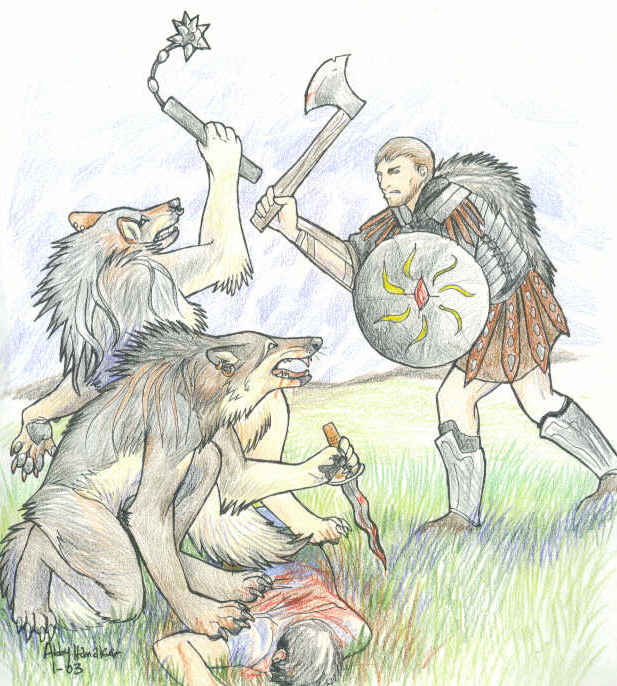 axe blood bodily_fluids dagger flail group killing male melee_weapon shield tail weapon saeto15 mythology canid canine canis human mammal mythological_canine mythological_creature werecanid werecanine werecreature werewolf wolf 2003