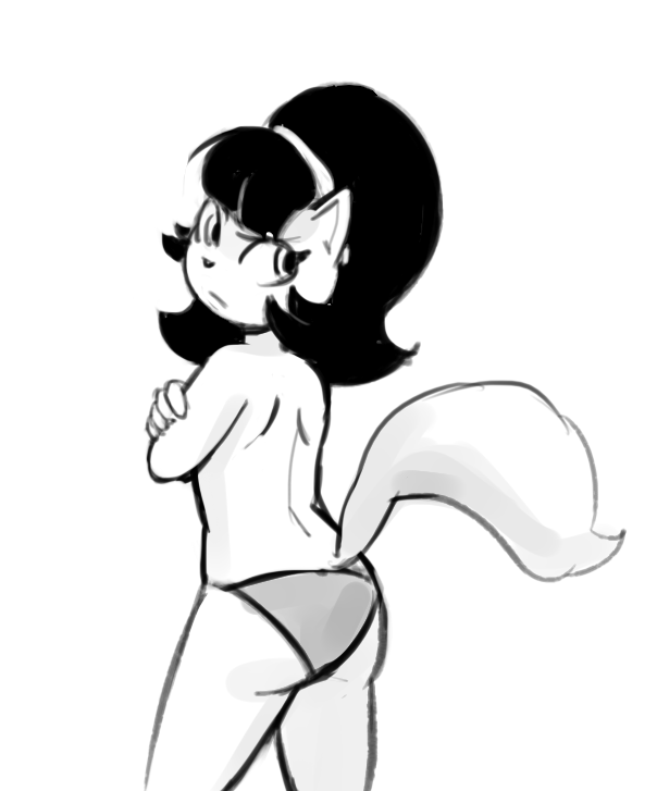 5_fingers anthro cat_tail clothed clothing female fingers frown hair looking_at_viewer looking_back panties rear_view short_hair solo standing topless underwear dogma nickelodeon t.u.f.f._puppy kitty_katswell domestic_cat felid feline felis mammal 2016 digital_media_(artwork) monochrome