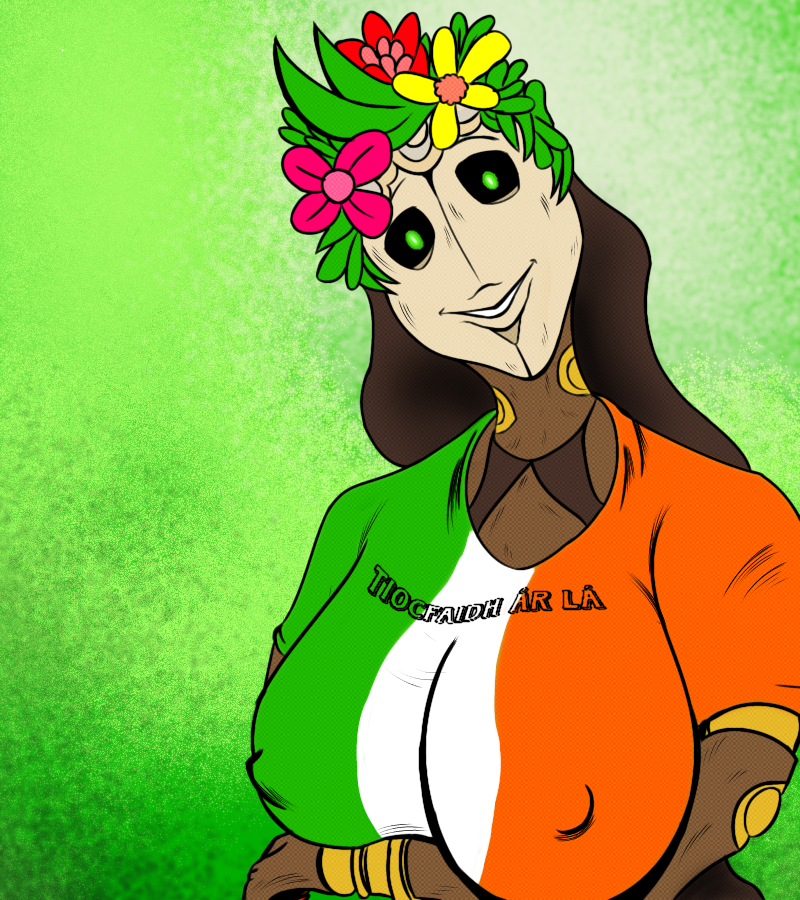 abstract_background accessory big_breasts black_sclera breasts clothed clothing covered_nipples danu_(smt) dotted female flag flag_clothing flower flower_in_hair green_humor hair hair_accessory irish_flag looking_at_viewer mask nationalism nipple_outline plant shirt smile solo text textured topwear wood_skin lacasadelosdibujosua atlus celtic_mythology european_mythology megami_tensei mythology sega deity elemental_creature flora_fauna humanoid colored digital_drawing_(artwork) digital_media_(artwork) irish_text