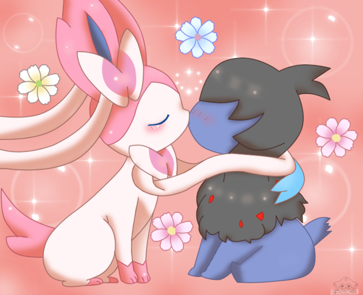 ambiguous/ambiguous ambiguous_gender black_body black_fur blush duo eyes_closed feral feral_on_feral flower fur glistening hair hair_over_eyes kiss_on_lips kissing plant sitting white_body white_fur jirachicute28_(artist) nintendo pokemon deino eeveelution generation_5_pokemon generation_6_pokemon pokemon_(species) sylveon 2016 comic