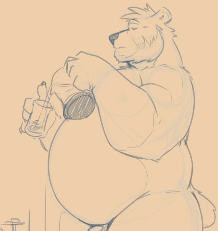 anthro beard belly big_belly casual_nudity facial_hair genitals gloves_(marking) male markings musclegut muscular penis penis_base pouring_liquid side_view solo chibsarts chibear bear mammal