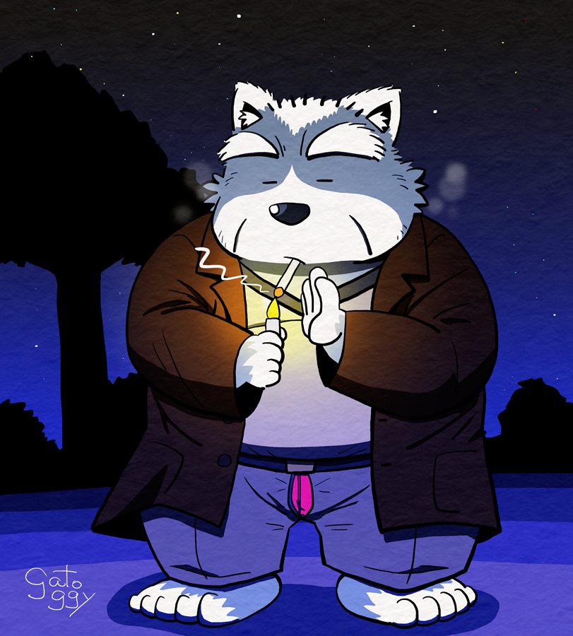 anthro bottomwear clothing humanoid_hands kemono male night outside overweight overweight_anthro overweight_male pants shirt smoking solo topwear gatoggy canid canine canis domestic_dog mammal 2020