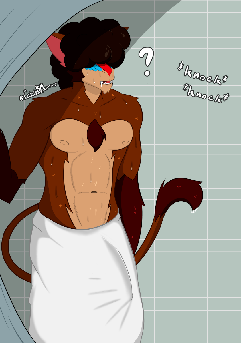 abs afro anthro biceps big_ears black_hair brown_body brown_fur bulge covered_eyes curled_hair detailed_bulge fur genital_outline hair hair_over_eye hair_over_eyes hyper male monkey_tail nipples one_eye_obstructed pecs penis_outline red_body red_fur shower_room solo towel towel_around_waist chrisbmonkey chris_(chrisbmonkey) baboon haplorhine mammal mandrill monkey old_world_monkey primate hi_res