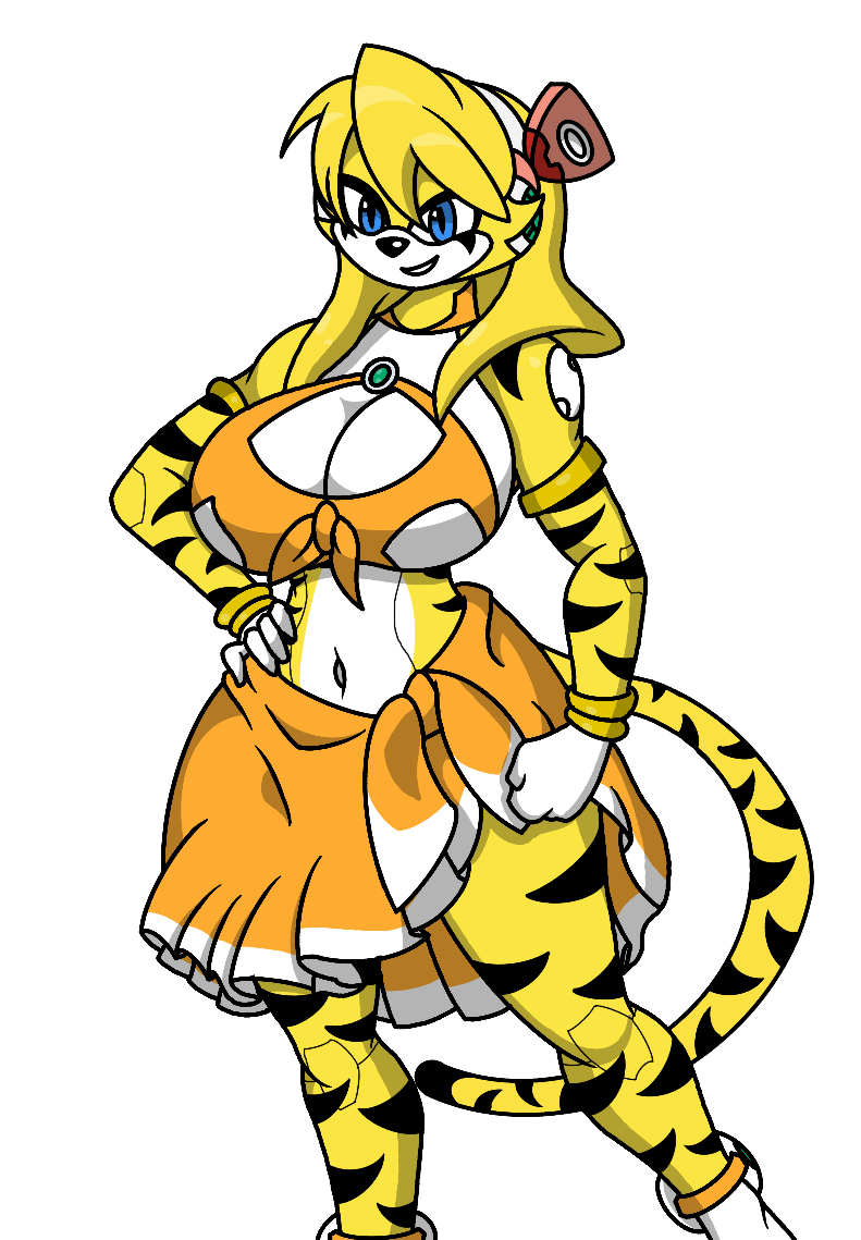 alternate_species anthro black_stripes blonde_hair blue_eyes bracelet breasts cleavage clothed clothing female fur hair hand_on_hip jewelry machine navel orange_clothing orange_swimwear pupils simple_background slit_pupils smile stripes swimwear thick_thighs transparent_background white_body white_fur wide_hips yellow_body yellow_fur seanzilla115 capcom mega_man_(series) mega_man_x_(series) alia_(megaman_x) felid mammal pantherine reploid robot tiger alpha_channel