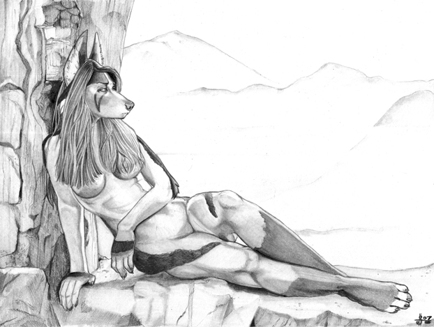 anthro casual_nudity female mountain nude outside solo watchful ahkahna hannah_spute xesta anubian_jackal canid canine canis jackal mammal 2007 full-length_portrait greyscale monochrome portrait shaded traditional_media_(artwork)