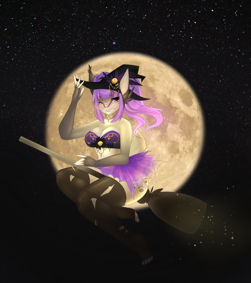 anthro broom broom_riding cleaning_tool clothing eyewear female footwear glasses holidays legwear magic_user moon socks solo witch ere-yandara halloween felid feline lynx mammal