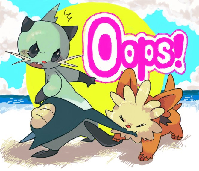 ambiguous_gender beach bite blue_eyes blush detailed_background duo eyes_closed hoh0niku outside sand seaside sky water unknown_artist nintendo pokemon canid canine dewott generation_5_pokemon lillipup mammal mustelid pokemon_(species)