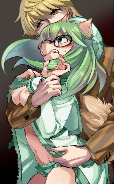 anthro blush breasts clothed clothing duo exposed_breasts eyewear female forced glasses green_hair hair imminent_rape male male/female panties partially_clothed simple_background underwear undressing akiho_(akinomegumi) hunter_x_hunter cheadle_yorkshire pariston_hill canid canine canis domestic_dog human mammal 2014