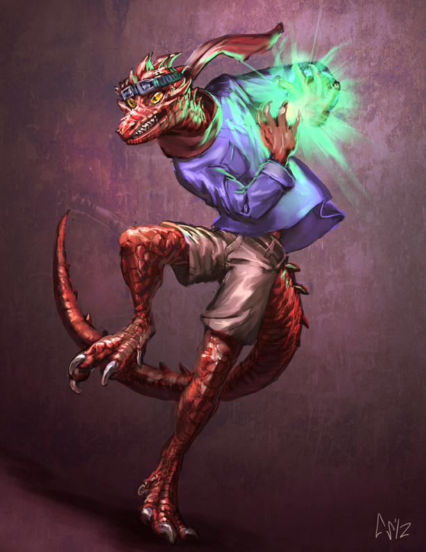 anthro bottomwear claws clothing eyewear goggles magic male pants ribbons simple_background smile smirk solo spell spines tail yellow_eyes tumorhead koviell kobold reptile scalie 2012 red_theme signature