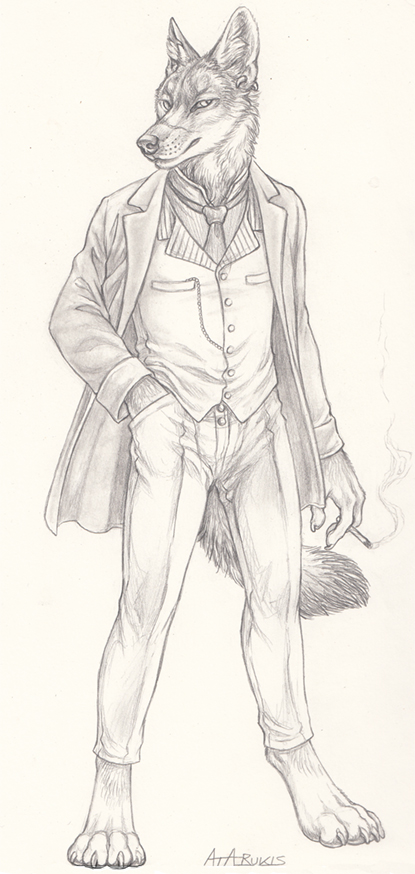 4_toes anthro biped bottomwear cigarette classy claws clothed clothing coat detailed_fur digitigrade ear_piercing feet front_view fully_clothed fur hand_in_pocket holding_object looking_at_viewer male necktie pants piercing pockets shirt simple_background smoke solo standing tail toes topwear vest white_background rukis ransom canid canine canis coyote mammal 2015 detailed full-length_portrait graphite_(artwork) greyscale monochrome portrait sketch traditional_media_(artwork)