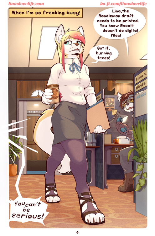 anthro blonde_hair blue_eyes clothing dialogue female hair legwear male male/female office pink_hair stockings text elie-s_den elie_(elie-s_den) linahusky canid canine canis domestic_dog husky mammal nordic_sled_dog spitz comic english_text