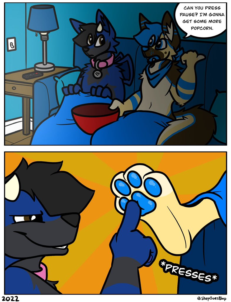 2_panel_comic anthro back_wings black_body black_fur blue_body blue_fur blue_hair blue_markings blue_pawpads bowl brown_body brown_fur cheek_tuft collar collar_only container curved_horn dialogue duo facial_tuft fur furniture hair half-closed_eyes horn humor kerchief male markings membrane_(anatomy) membranous_wings narrowed_eyes neckerchief neckwear nude on_sofa open_mouth orange_background pawpads paws simple_background sitting sitting_on_sofa smile smirk smug smug_face smug_grin sofa sound_effects speech_bubble tan_body tan_fur text tuft under_blanket wide_eyed wings yellow_body yellow_fur shepgoesblep banto shep_(shepgoesblep) canid canine canis demon domestic_dog german_shepherd herding_dog mammal pastoral_dog 2022 comic english_text