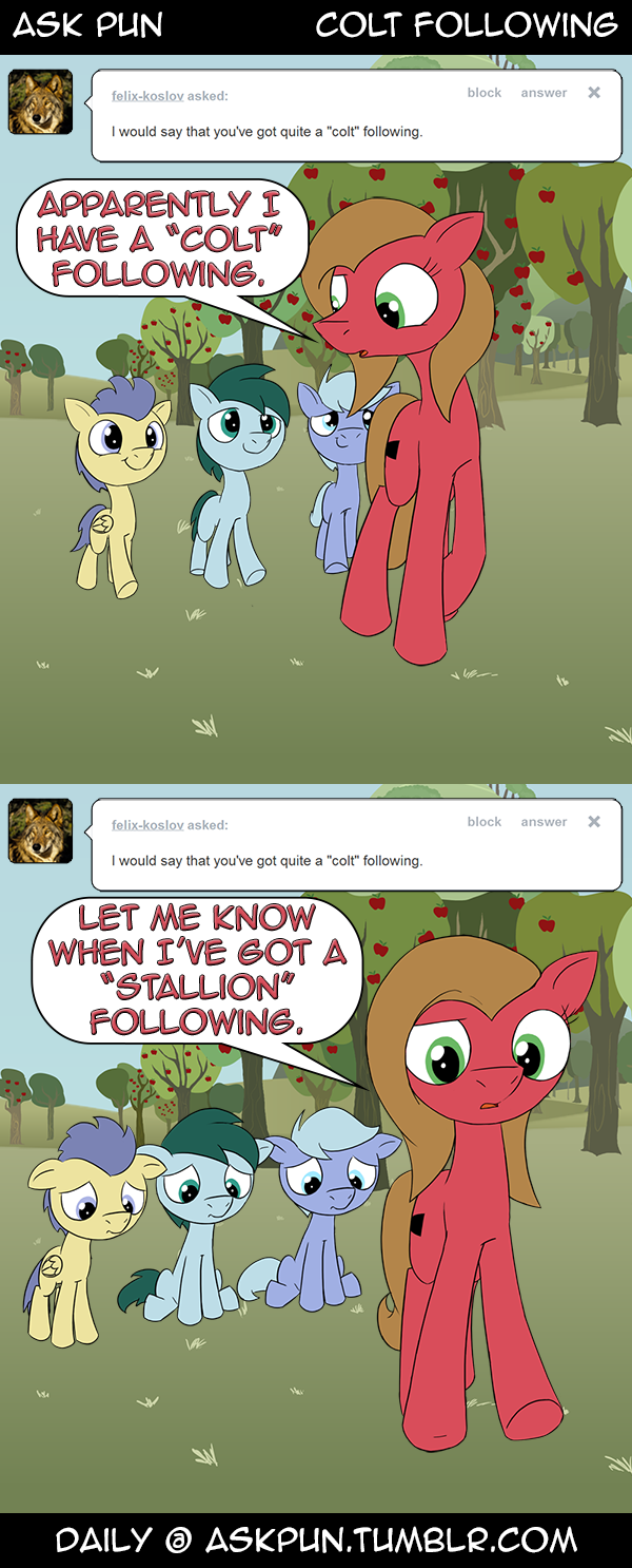 female feral group humor joke male pun quadruped tail text young young_feral loceri ask_pun hasbro my_little_pony tumblr fan_character pun_pony earth_pony equid equine horse mammal pony comic english_text hi_res url