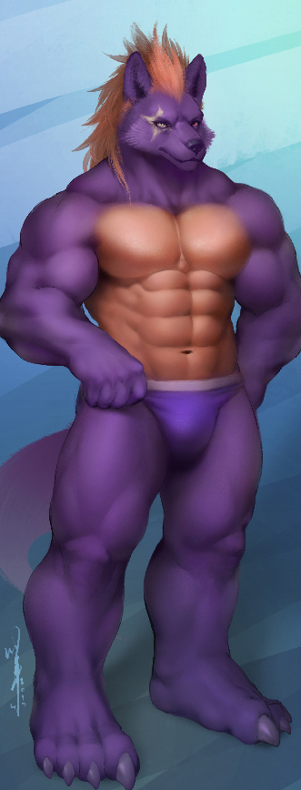 4_toes 5_fingers abs anthro big_muscles big_pecs bulge clothed clothing feet fingers fur humanoid_hands looking_at_viewer male muscular muscular_anthro muscular_arms muscular_legs muscular_male pecs purple_body purple_clothing purple_fur purple_underwear solo toes topless topless_male underwear underwear_only dalluwn canid canine canis mammal wolf 2017 full-length_portrait portrait