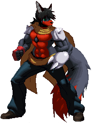 abs anthro biped black_hair bottomwear clothed clothing dipstick_tail fingerless_gloves footwear fur gloves grey_body grey_fur hair handwear male markings multicolored_tail muscular muscular_anthro muscular_male pants red_body red_fur scarf shoes simple_background solo sprite standing tail tail_markings topless transparent_background kaivolate shinzuku_hearts canid canine mammal alpha_channel low_res