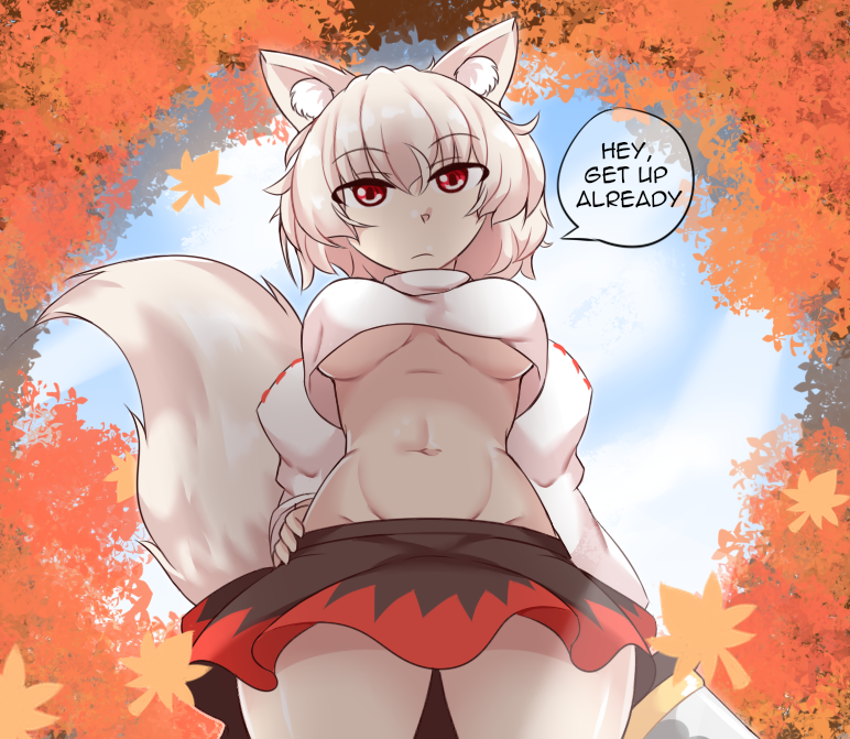 animal_tail autumn big_breasts bottomwear breasts brown_bottomwear brown_clothing brown_skirt clothing dialogue eyebrow_through_hair eyebrows eyelashes female fur hair hand_on_hip looking_at_viewer low-angle_view navel red_bottomwear red_clothing red_eyes red_skirt short_hair skirt sky solo speech_bubble talking_to_viewer tan_body tan_skin text thick_thighs topwear translucent translucent_hair under_boob white_body white_clothing white_fur white_hair white_topwear wide_hips jungleboyayaya asian_mythology east_asian_mythology japanese_mythology mythology touhou momiji_inubashiri animal_humanoid canid canid_humanoid canine canine_humanoid humanoid mammal mammal_humanoid wolf_humanoid yokai