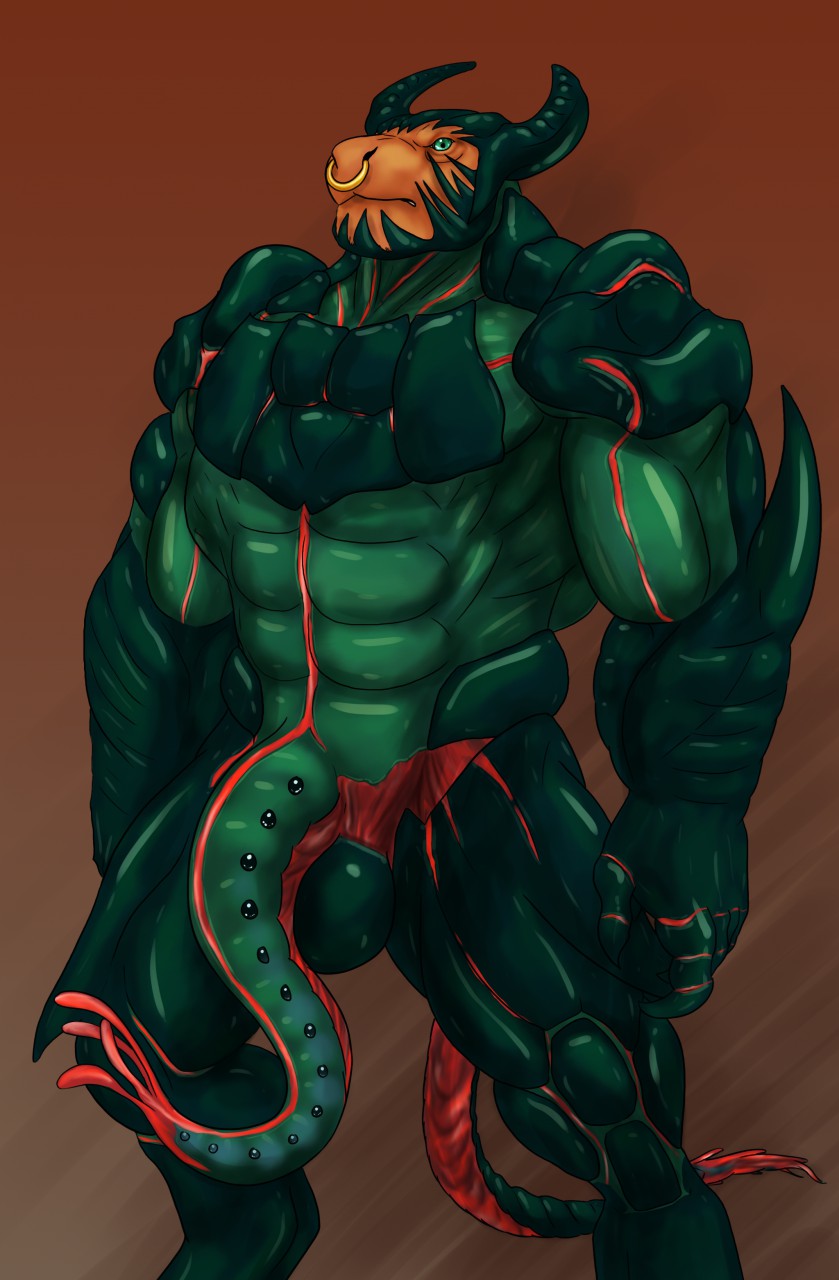 anthro balls genitals green_body green_sclera horn looking_at_viewer male muscular muscular_anthro muscular_male orange_body penis simple_background solo unusual_anatomy unusual_genitalia unusual_penis rwolf garuganto bovid bovine cattle mammal symbiote 2018 digital_media_(artwork) hi_res