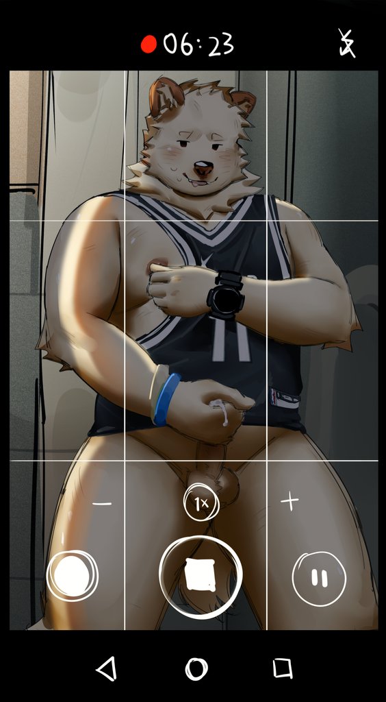 anthro basketball_uniform blush bodily_fluids bottomless bottomless_male camera_view clock clothed clothing cum cum_dripping_from_penis erection front_view genital_fluids genitals hand_on_own_nipple holding_own_penis humanoid_genitalia humanoid_penis male masturbation naughty_face nipple_fetish nipple_pinch nipple_play overweight overweight_male penis pinch shirt slightly_chubby solo sportswear standing tank_top topwear uniform watch white_body djtaka canid canine canis domestic_dog mammal colored sketch